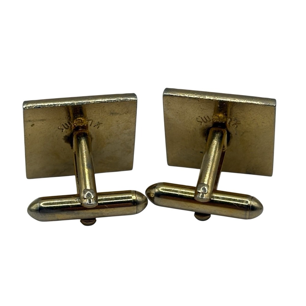 Swank Cufflinks And Tie Clip Red Accent Center Gold Tone Vintage Square Textured - Picture 5 of 13